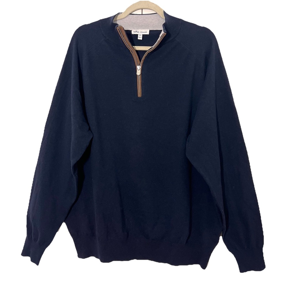 Peter Millar Sweater Mens‎ XXL Blue Merino Wool Blend 1/4 Zip Golf Preppy